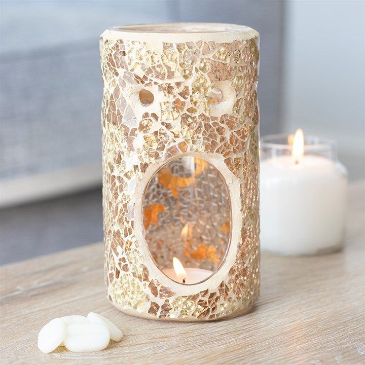 Silver or Gold Pillar Crackle Glass Oil Burner and Wax Warmer Gold Oil Burner