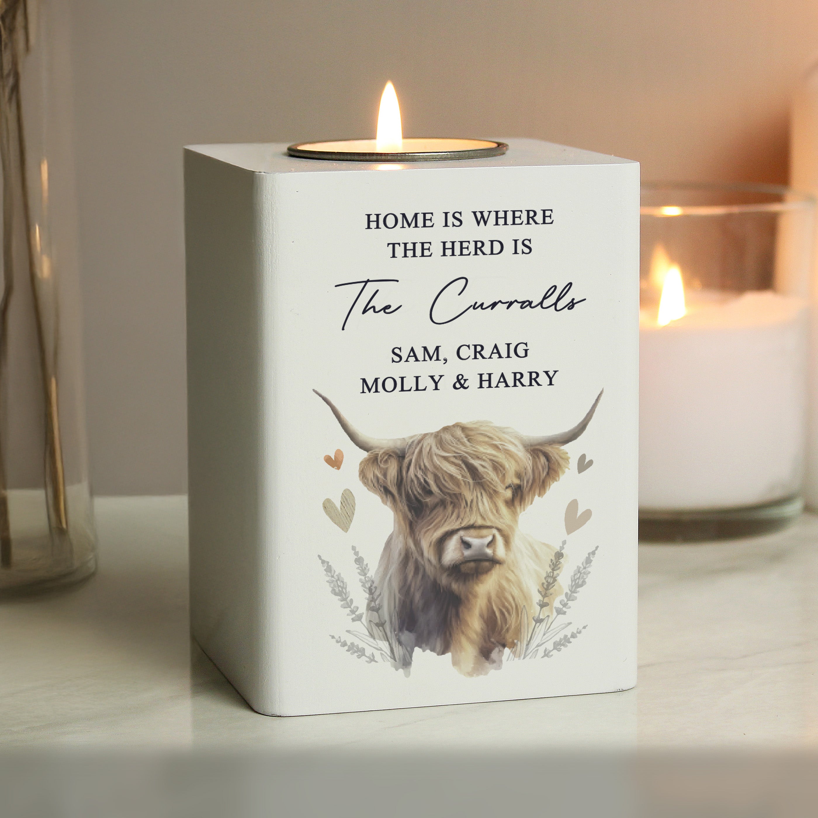 Personalised Highland Cow Wooden Tealight Holder Candle Holder
