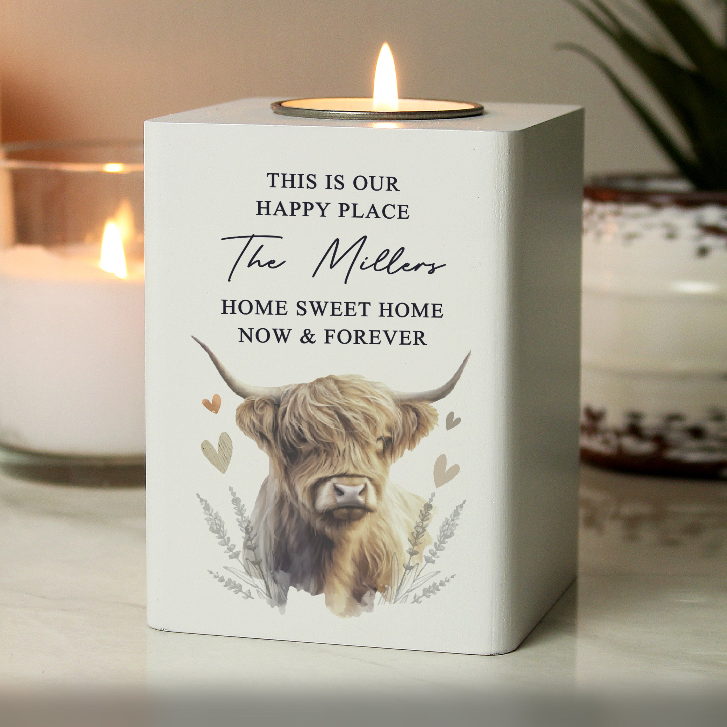 Personalised Highland Cow Wooden Tealight Holder Candle Holder