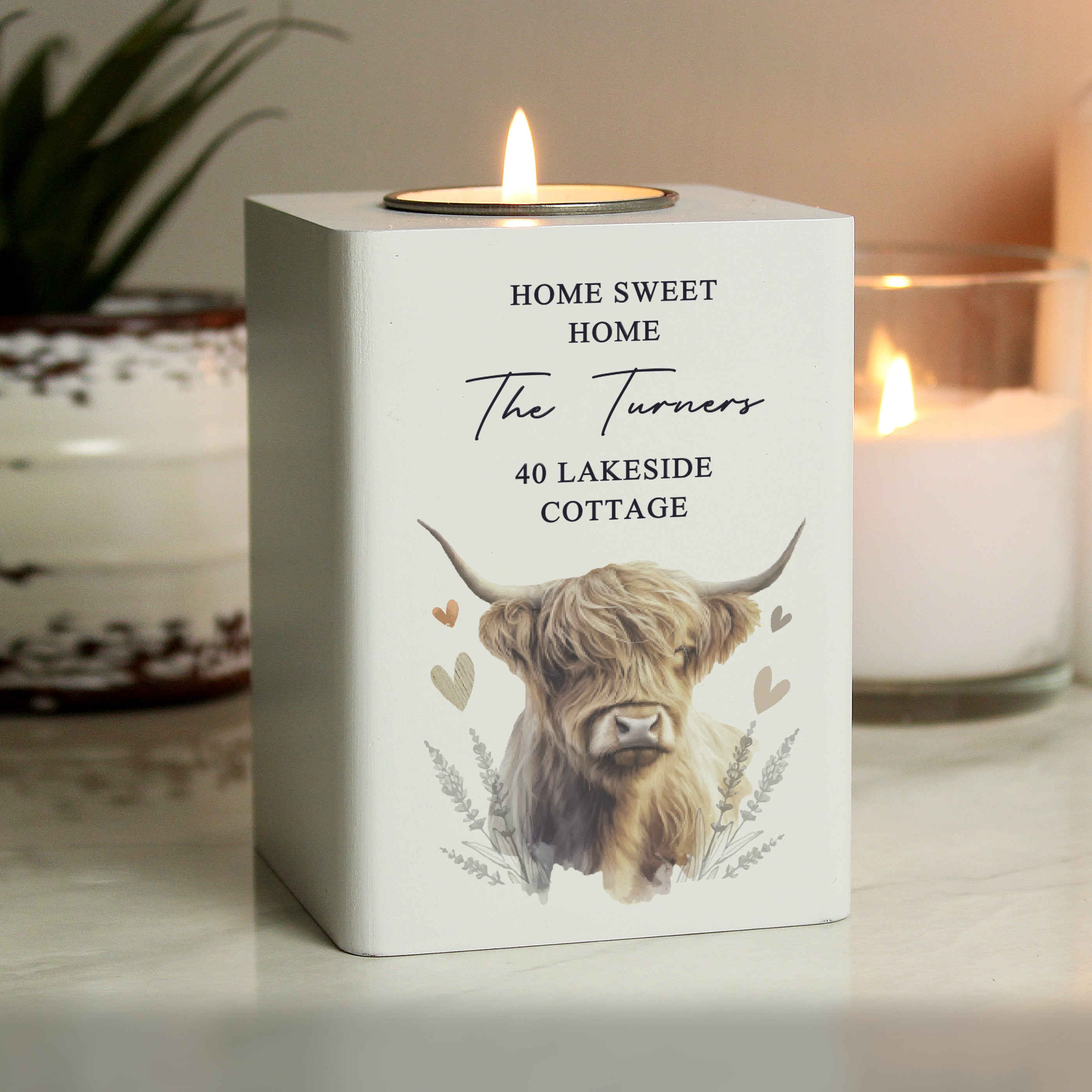 Personalised Highland Cow Wooden Tealight Holder Candle Holder