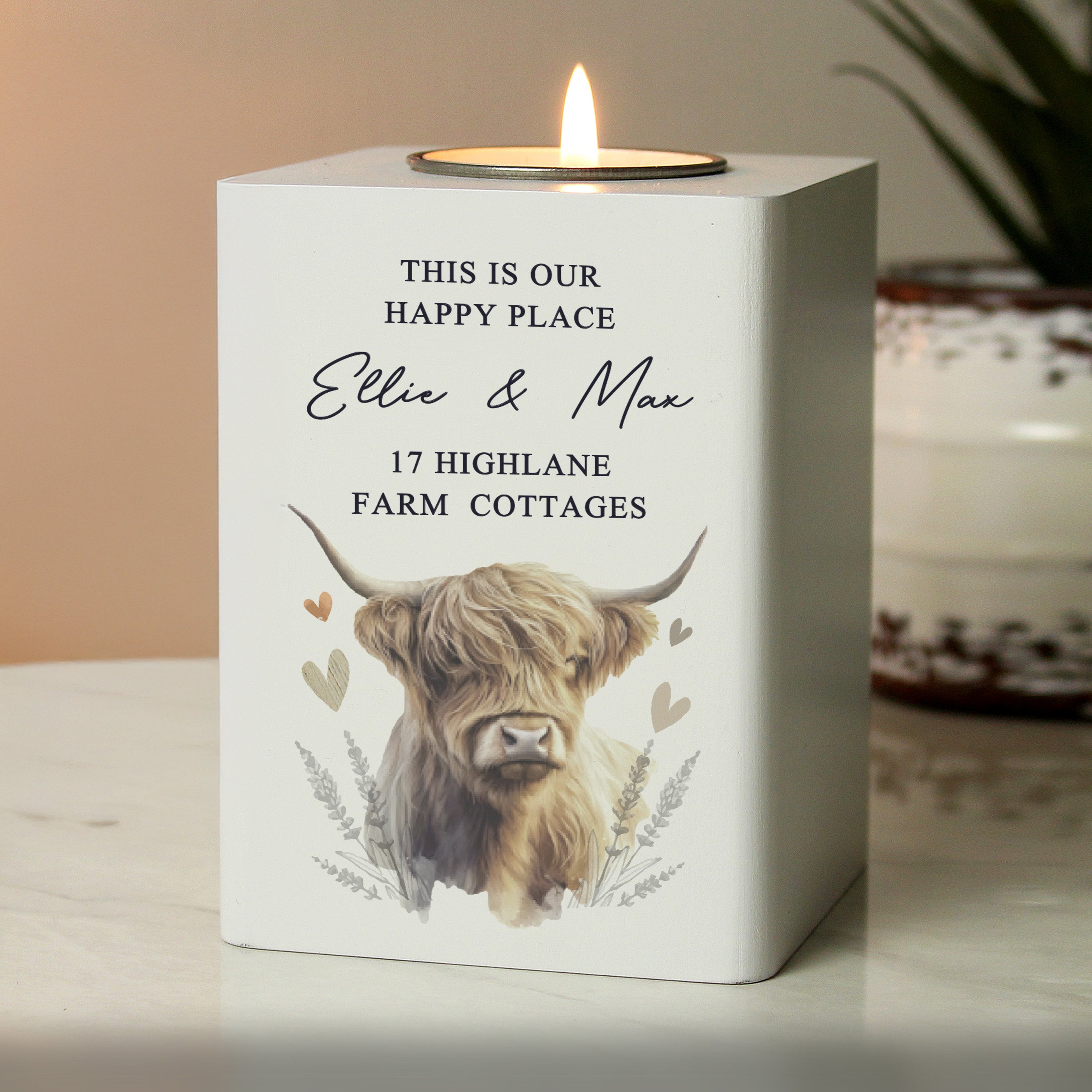 Personalised Highland Cow Wooden Tealight Holder Candle Holder