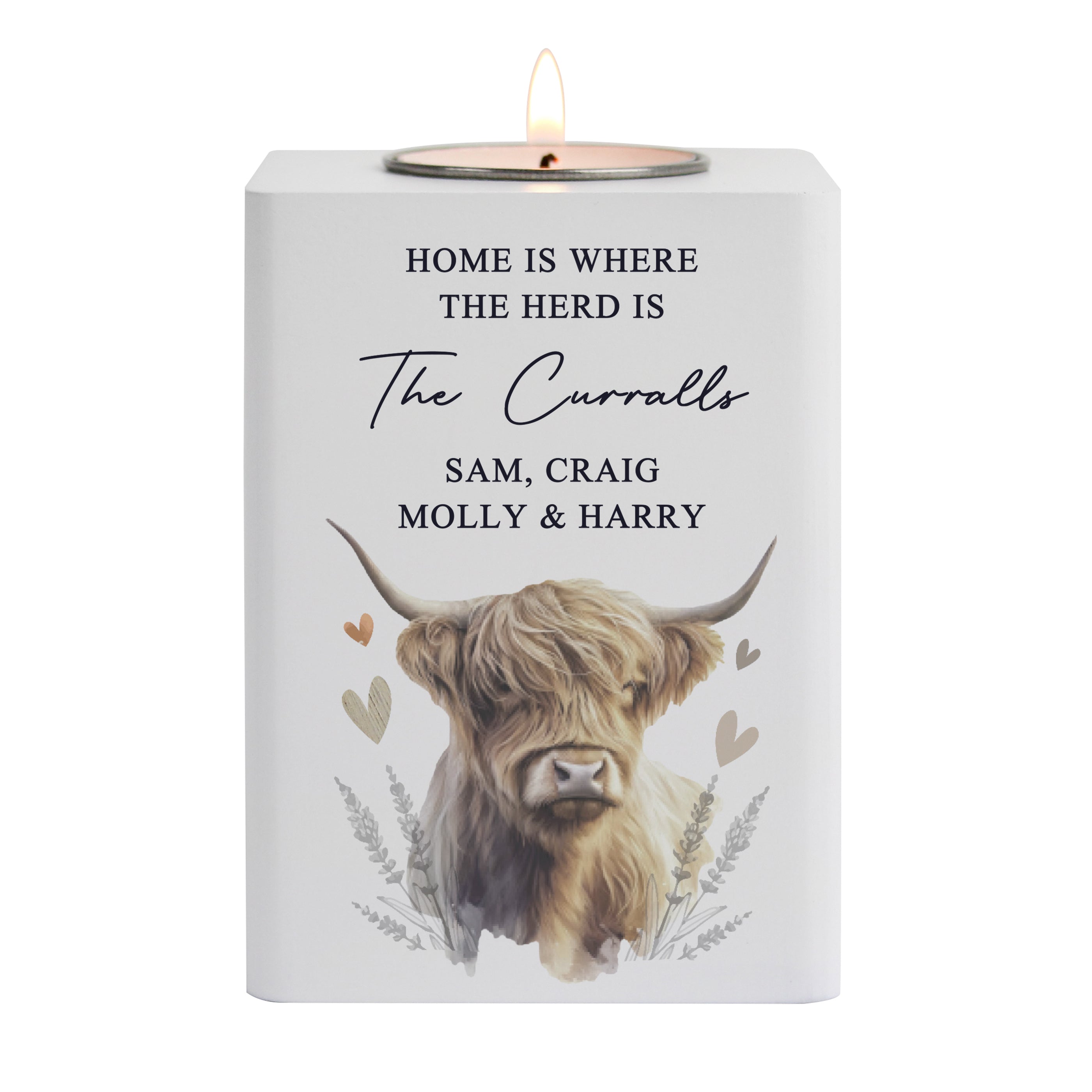 Personalised Highland Cow Wooden Tealight Holder Candle Holder