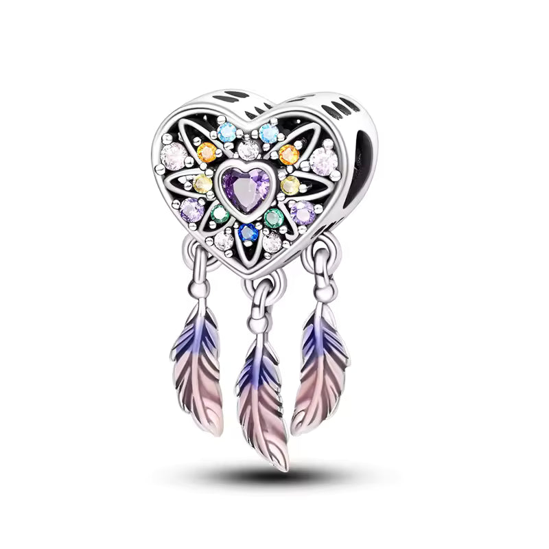 Genuine 925 Sterling Silver Dreamcatcher Dangle Charm with Multi-Color Zircon & Feathers.