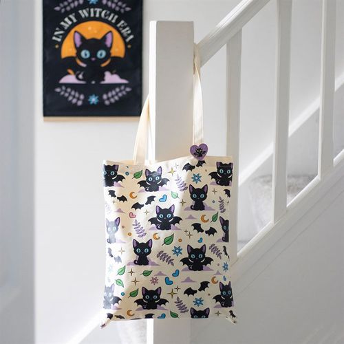 Cute and Creepy Cat Print Polycotton Tote Bag with Enamel Pin Bag
