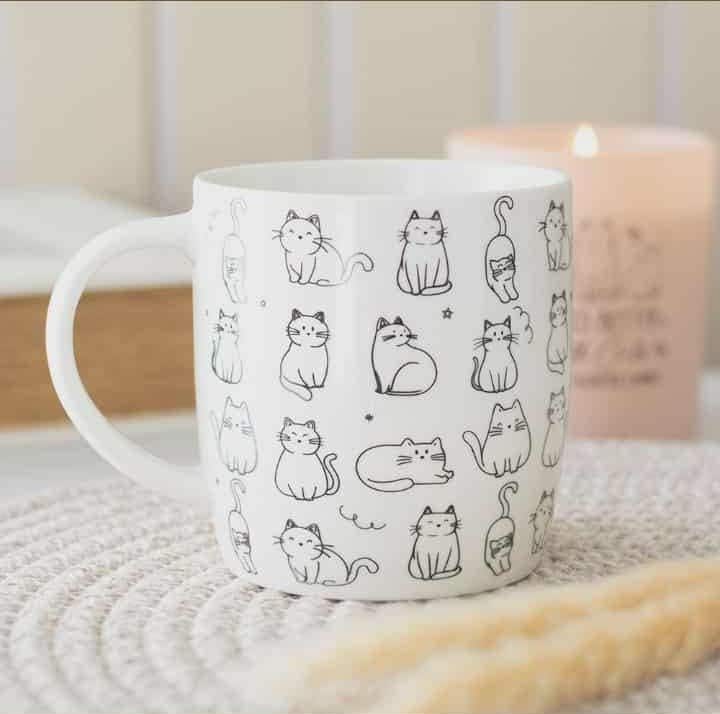 White Happy Cat Print Mug