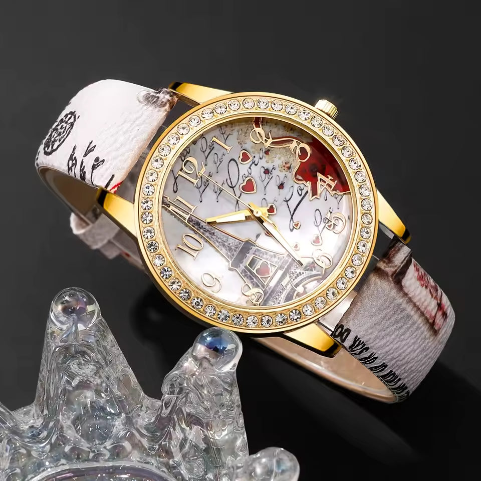 Paris Love Eiffel Tower Watch & 4 Piece Bracelet Gift Set