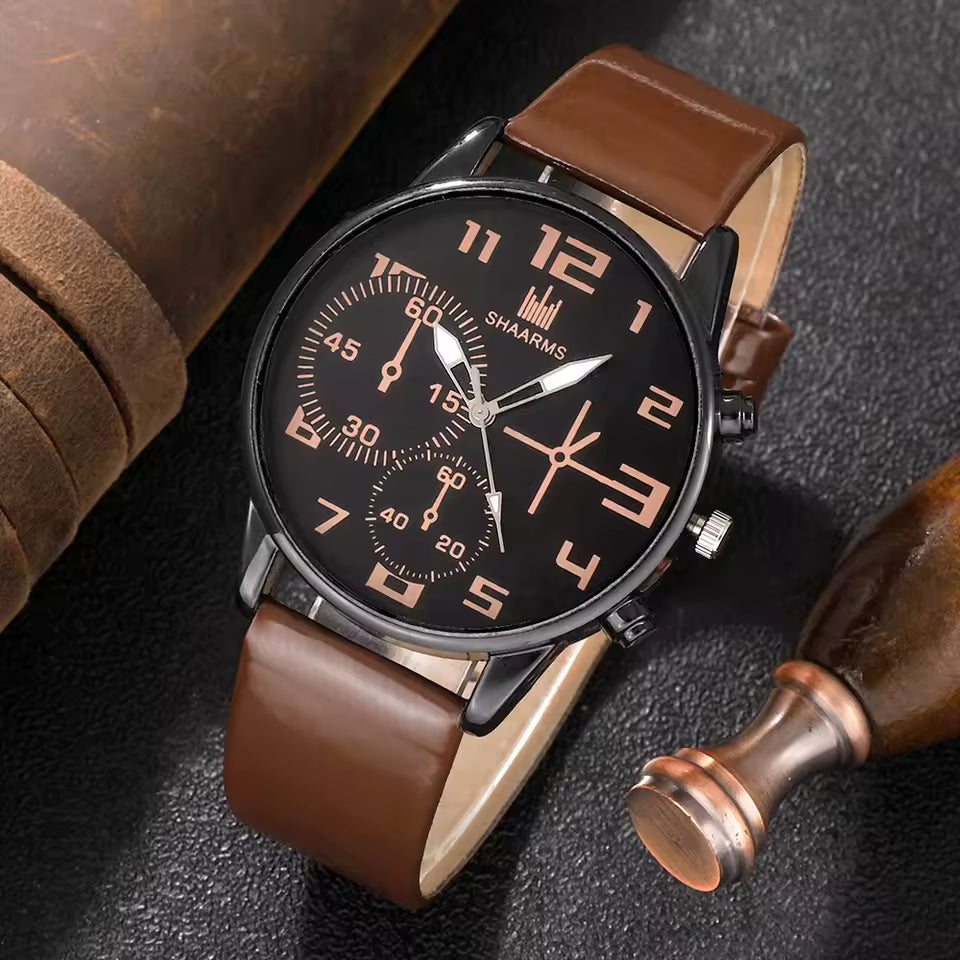Men's 5PC Retro Big Dial Quartz Watch & Multilayer Bracelet Gift Set