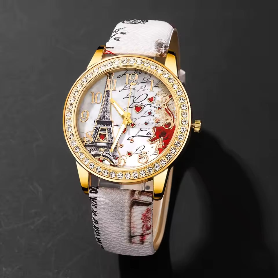 Paris Love Eiffel Tower Watch & 4 Piece Bracelet Gift Set