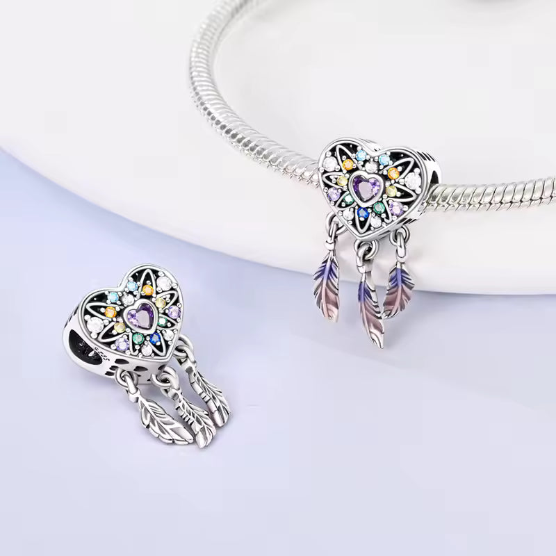 Genuine 925 Sterling Silver Dreamcatcher Dangle Charm with Multi-Color Zircon & Feathers.