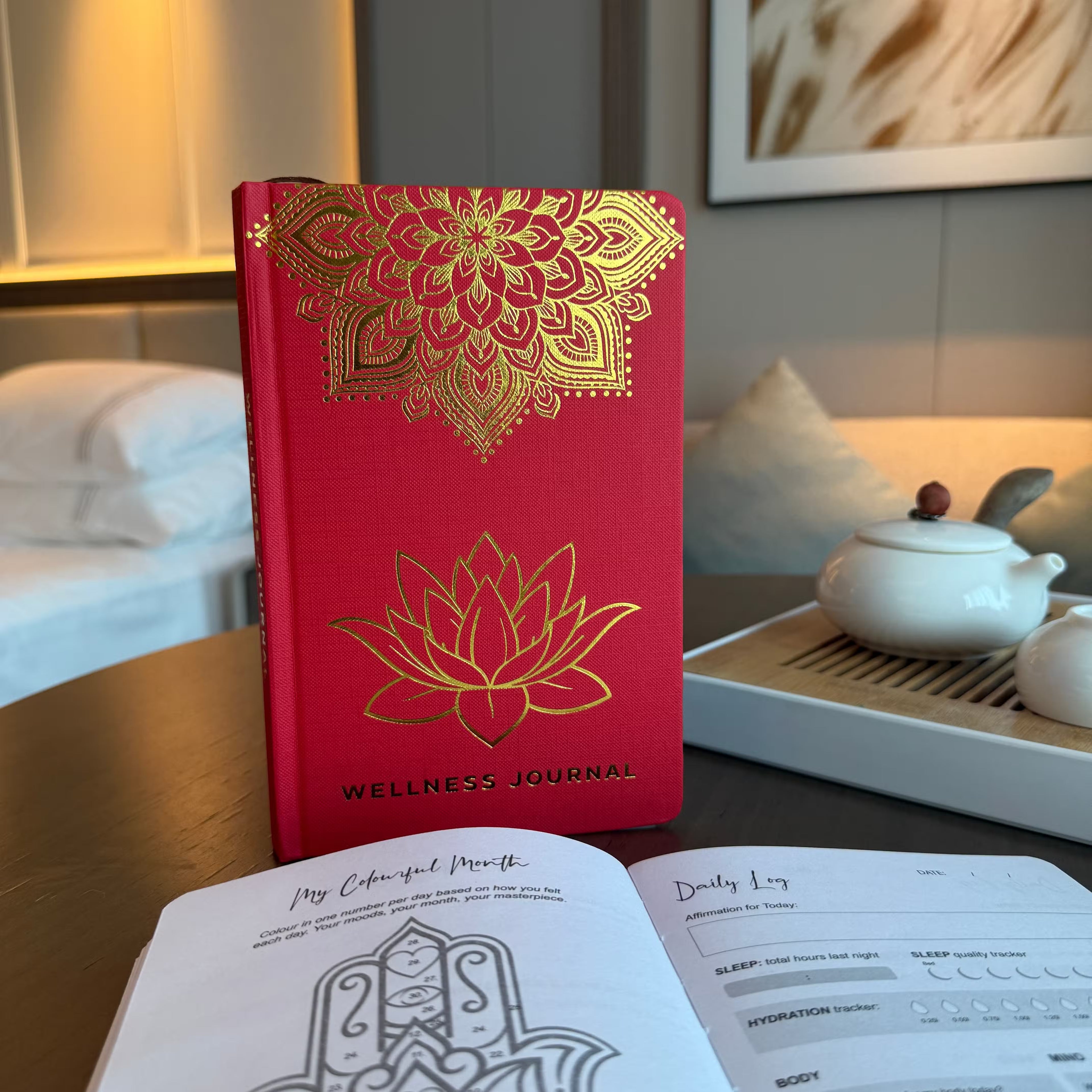 Red Wellness Journal - 120 pages - Golden Mandala and Lotus